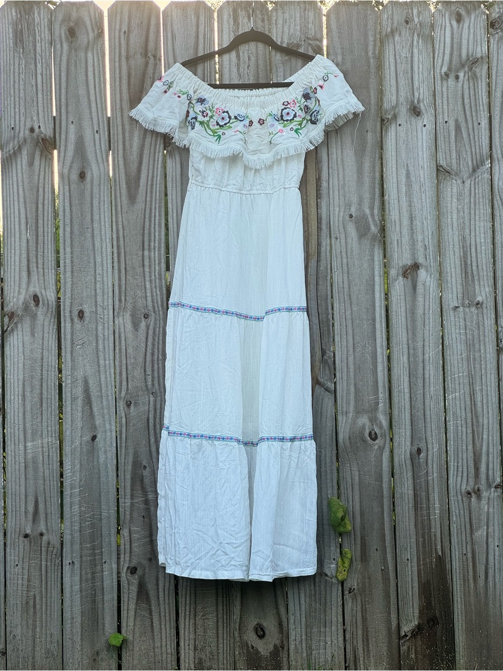Boho hippie off shoulder white maxi dress with floral embroidery & fringe
